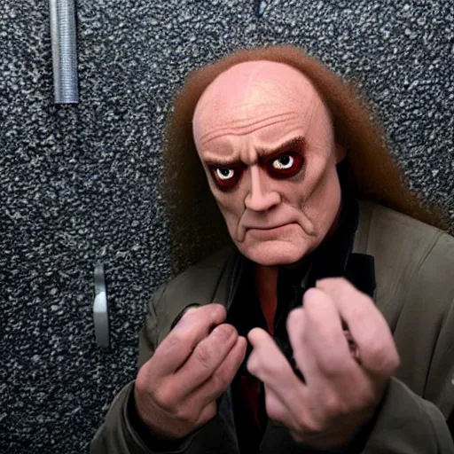 Image similar to portrait of Klingon Chancellor Gowron in full Klingon costume and makeup in a dirty gas station bathroom as he inspects a small round hole in the wall of the toilet stall