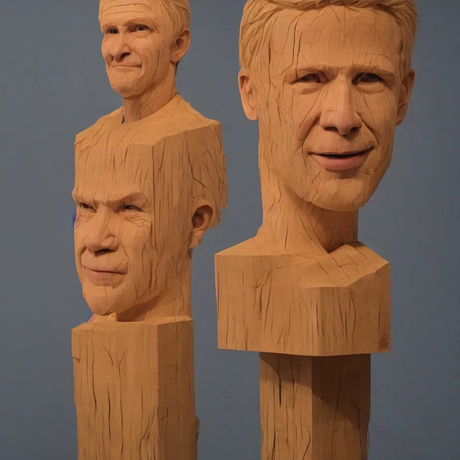 Prompt: hyperrealistic sculpture of a human face smiling carved out of pine plywood on a pedestal by duane hanson and donald judd, hyperrealistic dramatic colored lighting trending on artstation 8 k