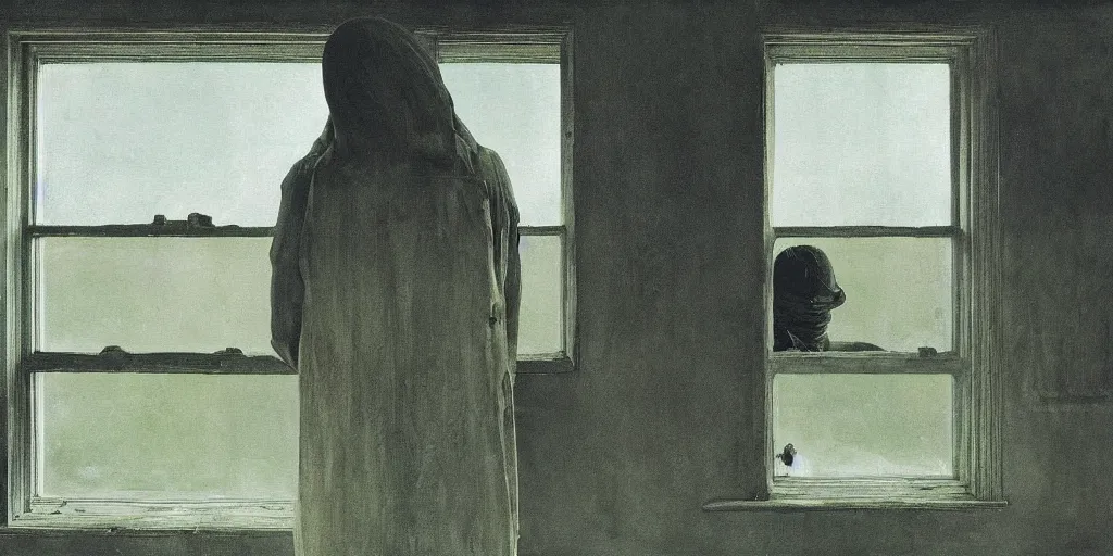 Prompt: the creepy person outside the window, a painting by Andrew Wyeth