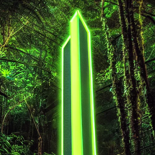 Image similar to a neon monolith in a mythical rainforest,