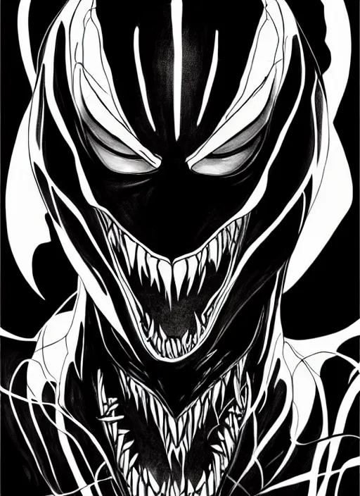 Image similar to symmetry concpet art, full shot, traditional ink, sketch, of megan fox as venom, line sketch, intricate, elegant, highly detailed, monochrome, digital painting, artstation, concept art, sharp focus, illustration, art by borderlands 3 and peter polach