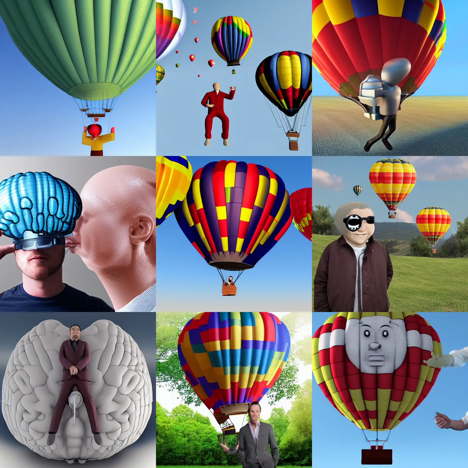 Prompt: 3 d - film man uses extremely large brain as hot air balloon