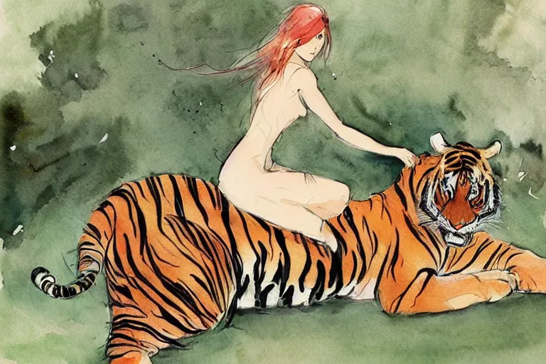 Image similar to girl riding a tiger, art, minimalistic painting, watercolor on paper, high quality, by Berthe Morisot, by Conrad Roset, trending on artstation