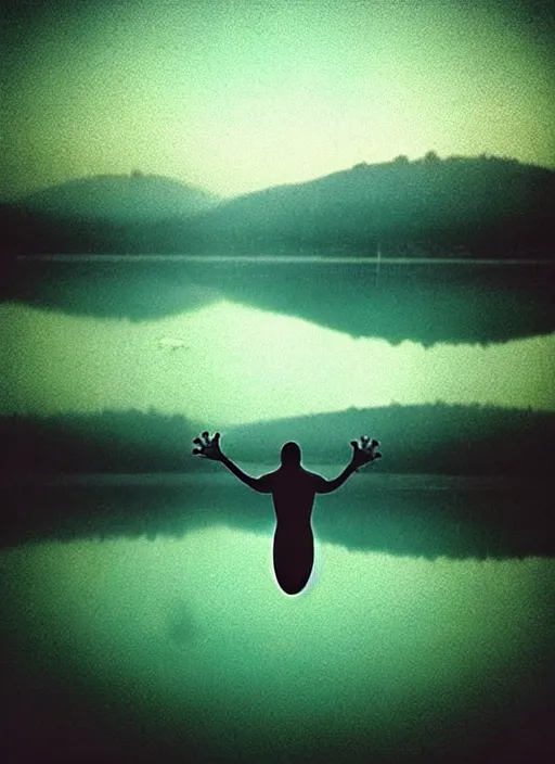 Image similar to “semitransparent frog vertically hovering over misty lake waters in jesus christ pose, semi translucent body, low angle, long cinematic shot by Andrei Tarkovsky, paranormal, eerie, mystical”