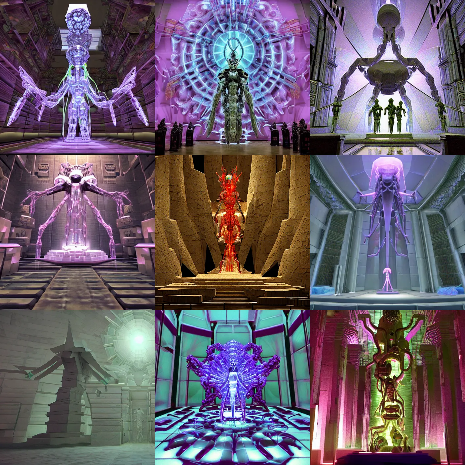 Prompt: inside the temple of the virus god cult. large crystalline statue of a t 7 bacteriophage dominates the scene