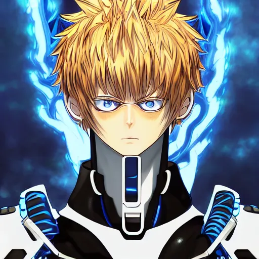 Image similar to portrait of the genos blue flame arms mode, anime fantasy illustration by tomoyuki yamasaki, kyoto studio, madhouse, ufotable, comixwave films, trending on artstation