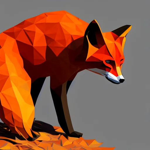 Prompt: super detailed lowpoly fox standing on hyper detailed lowpoly autumn leaves