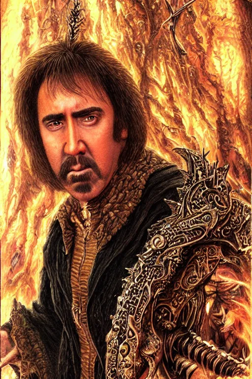 Image similar to Nicolas Cage as wizard, fantasy, intricate, highly detailed, illustration by ken kelly