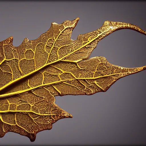 Image similar to Intricate fantasy leaf, encrusted with jewels, gilded gold, detailed veins, sharp focus, octane render, high quality, 8k, volumetric lighting, on black background