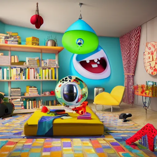 Prompt: beautiful katamari crazy interior of a house, lots of items toys all over the floor and walls, cartoon pixar style, volumetric lighting, bright refined highly detailed background, 3d model pixar render