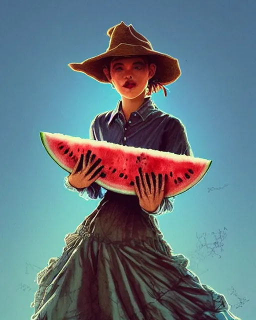 Image similar to a scarecrow using a shirt with an amazing texture, holding a watermellon, patterns on shirts, gentle, posing, watermelon farm, vaporwave, bedroom, highly detailed, digital painting, artstation, concept art, smooth, sharp focus, illustration, art by artgerm and greg rutkowski and alphonse mucha