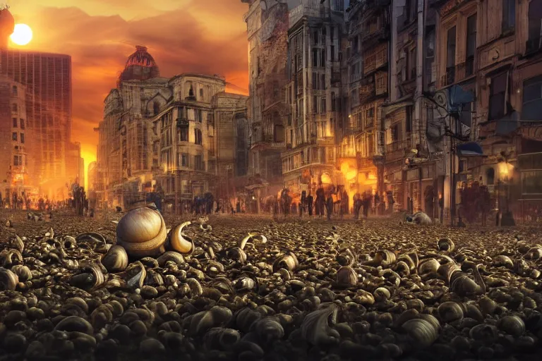 Image similar to a city invaded by 1 0 meters snails, huge snails, sunset, atmospheric lighting, 5 0 0 px, people running in fear, chaos, screaming