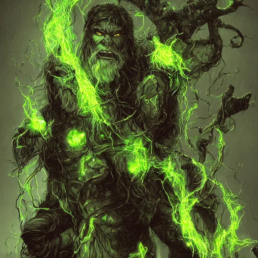 Prompt: half - orc shaman with long wiry grey hair, vines in hair, glowing green eyes, glowing tattoos, lightning in background, rainy background, character concept art, artstation, digital art