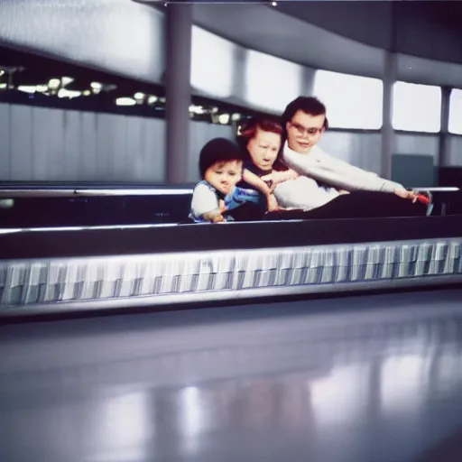 Prompt: two baby in airport baggage claim area, conveyor belt. ektachrome,