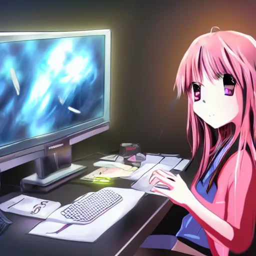 Prompt: anime drawing of a gamer girl playing a game on her computer, portrait shot of her face lit up by the monitor, dark atmosphere