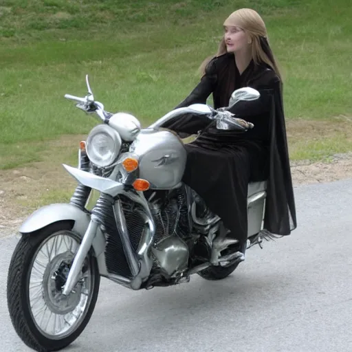 Prompt: Galadriel riding a motorbike