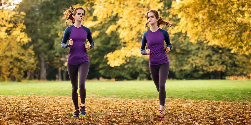 Prompt: A closeup of Emma Watson going for a run in a park during fall, wearing a tight athletic top. Golden Hour Lighting. 4K HD Wallpaper. Premium Prints Available