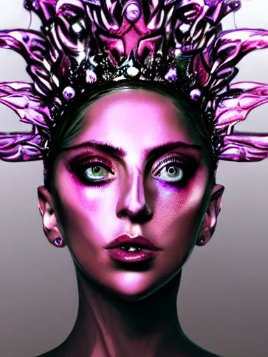 Image similar to pink portrait of beautiful female angel queen Lady Gaga head wearing shiny pink crown, subtle purple accents, hyper details, black metal rococo, sculpted by Alex Alice, Craig Mullins, yoji shinkawa, trending on artstation, beautifully lit, Peter mohrbacher, hyper detailed, insane details, intricate, elite, elegant, luxury, ray of light through smoke, CGsociety, hypermaximalist, blackpink, golden ratio, volumetric, octane render, weta digital, micro details, 3d sculpture