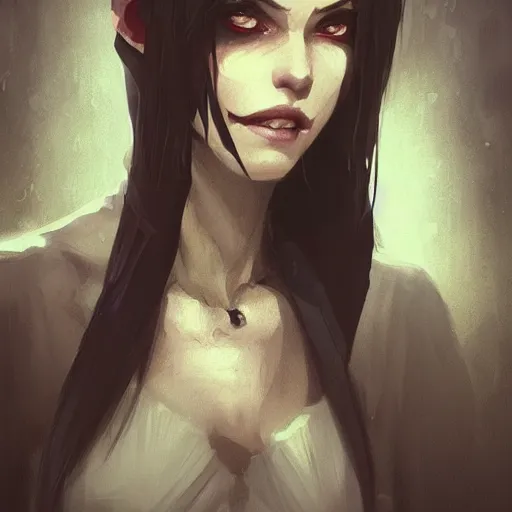 Image similar to female human vampire witch in the style of greg rutkowski, makoto shinkai, trending on artstation, character design, concept art, pretty face, highly detailed, long black hair, portrait, digital art