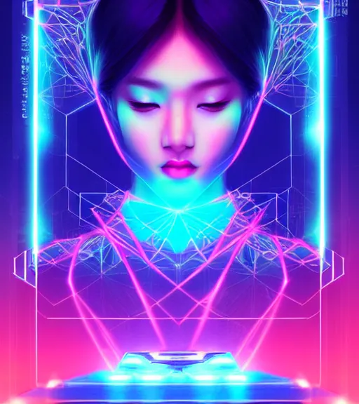 Image similar to symmetry!! asian princess of technology, solid cube of light, hard edges, product render retro - futuristic poster scifi, lasers and neon circuits, beautiful asian princess, intricate, elegant, highly detailed, digital painting, artstation, concept art, smooth, sharp focus, illustration, dreamlike, art by artgerm