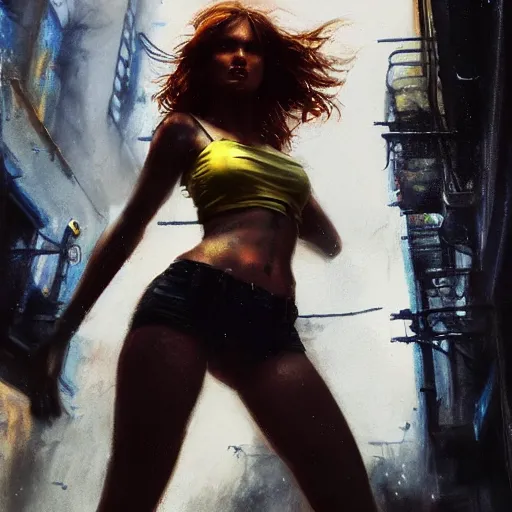 Image similar to bella thorne wearing crop top, hyperrealistic full figure, bladerunner street alley, art of elysium by frank frazetta and by jeremy mann, fantasy art, photo realistic, dynamic lighting, artstation, full figure poster, volumetric lighting, very detailed face, 4 k, award winning