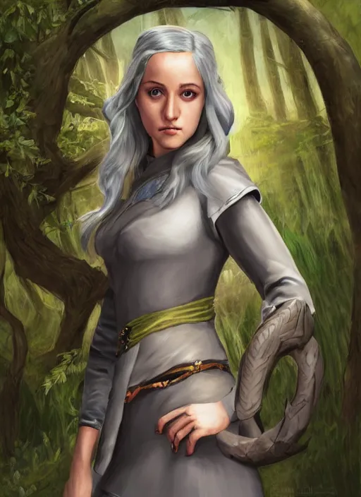 Image similar to A fantasy comic book roleplaying game style portrait painting of Maika Monroe as a grey elf in a mountain meadow sanctuary, DAZ, hyperrealistic, ambient light, dynamic light