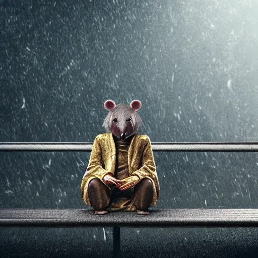 Image similar to a sad anthropomorphic rat, octane render, 3 d, sad, lonely, moody lighting, wearing gold jewellery, wearing a fur coat, in the rain, at night, sitting on a park bench