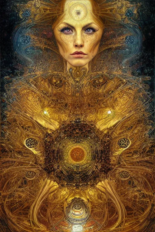 Image similar to Divine Chaos Engine portrait by Karol Bak, Jean Deville, Gustav Klimt, and Vincent Van Gogh, sacred geometry, visionary, mystic, fractal structures, ornate gilded medieval icon, spirals
