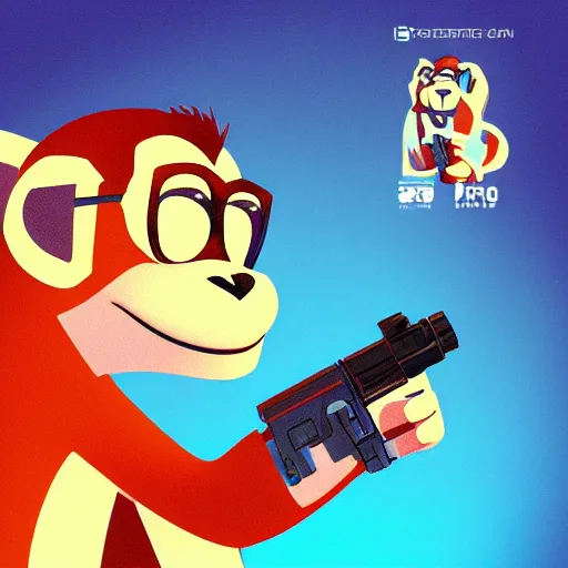 Image similar to “ logo of a monkey in the style of zootopia holding laser gun, with a black background, digital art, award winning, trending on art station, retro style ”