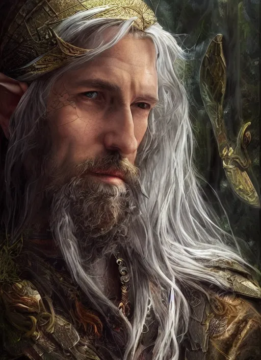 Image similar to a relaxed half elf middle aged druid in a sleeveless west, strong, full body, 8 k, hyperrealistic,, hyperdetailed, fantasy portrait by laura sava