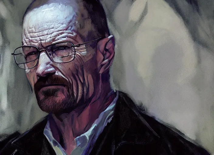 Prompt: a highly detailed beautiful portrait of walter white wearing a vampire costume, by gregory manchess, james gurney, james jean