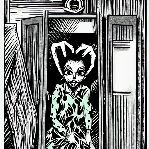 Prompt: monstrous woman hiding in a closet, horror, in the style of junji ito,