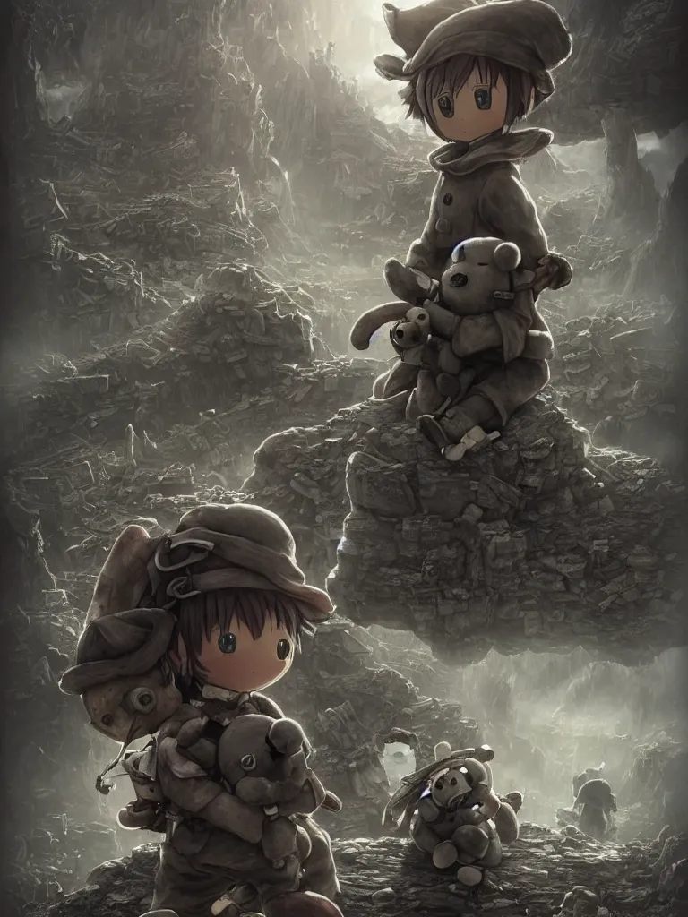 Prompt: resolution 4k worlds of loss and depression made in abyss design Akihito Tsukushi design body teddy bears fighting in the civil war war , battlefield darkness military drummer boy , desolated city ivory dream like storybooks, fractals , teddy bears , art in the style of and Oleg Vdovenko and Gustave dore and Akihito Tsukushi