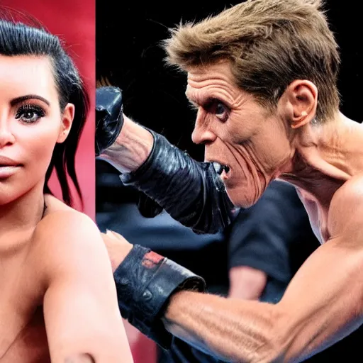 Image similar to willem dafoe fight kim kardashian in ring