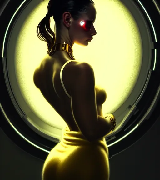 Prompt: beauty woman wrapped in white and gold, Terminator artifacts, electronic case display, cyberpunk tech, ultrarealistic, futuristic, back lit, dramatic lighting, electrical details, high details, 4k, 8k, best, accurate, trending on artstation, artstation, photorealism, ultrarealistic, digital painting, style of Peter Mohrbacher, Caravaggio, Caravaggio, Boris Vallejo, Hajime Sorayama