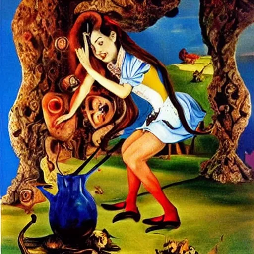 Image similar to Alice in Wonderland, painted by Salvador Dali, realistic painting, masterful painting