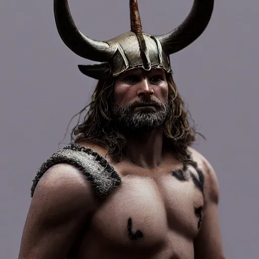 Image similar to of a viking from valhalla, wearing the horned helmet ultra fine detail, hair strands, ultra high resolution, fine texture detail, miniature painting techniques, perfect proportions, marvel cinematic universe, eric bana