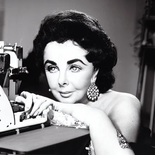 Prompt: elizabeth taylor using a sewing machine, 4 k, hyperdetailed photorealism
