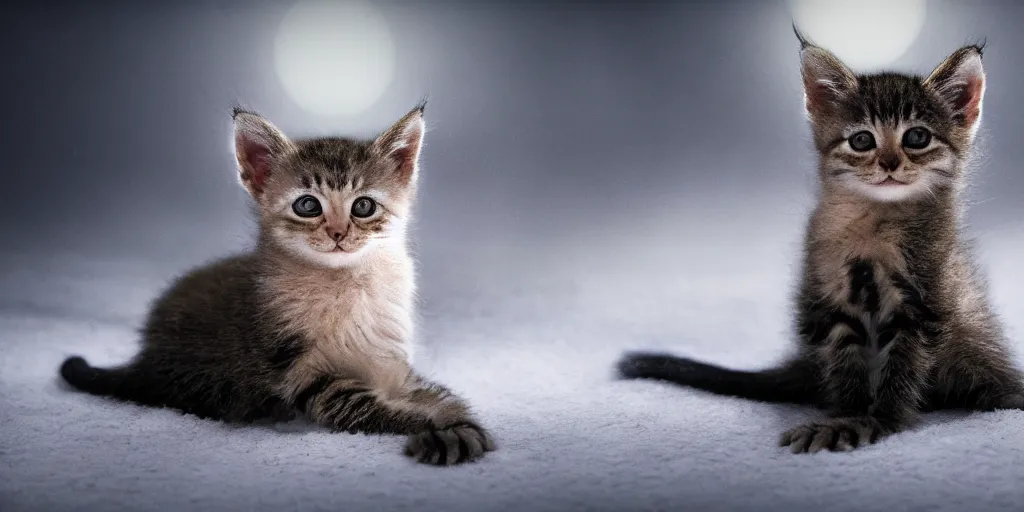 Prompt: cinematic photo of a single kitten with very long ears and an extremely long monkey's tail it is lying in the snow under the moonlight, studio lighting, in the style of rodger deakins and greig fraser and david fincher and denis villeneuve, moody, rim light, beautiful lighting, 8 k, stunning scene, blade runner, dune, seven,