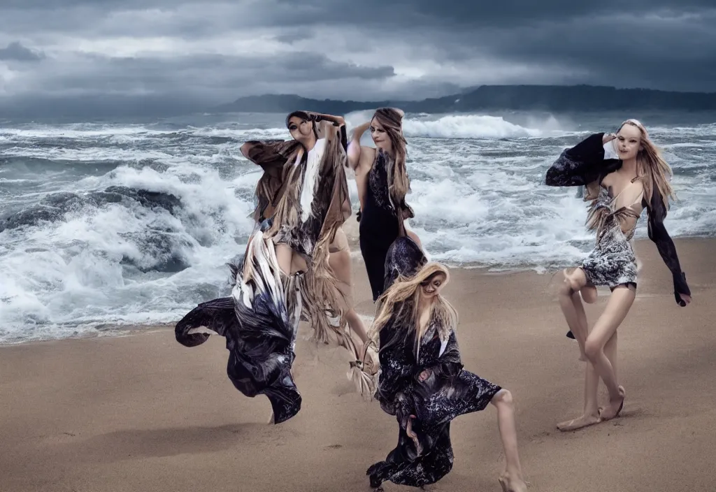 Image similar to fashion editorial in front of giant tsunami waves, on the beach.