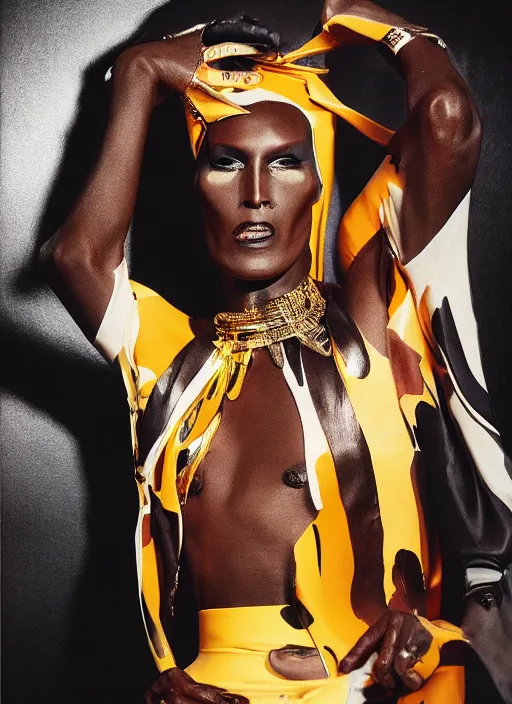 Prompt: grace jones styled by nick knight posing set pieces, intricate set, vogue magazine, canon, highly realistic. high resolution. highly detailed. dramatic. 8 k. 4 k.