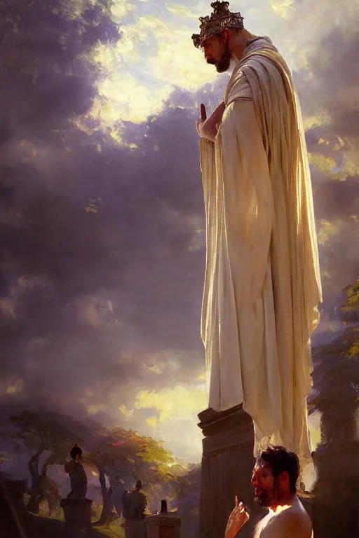 Image similar to beautiful impressionistic oil painting portrait of ancient roman god emperor steve buscemi ascending wearing the civic crown levitating in religious pose, art by anders zorn, wonderful masterpiece by greg rutkowski, expressive brush strokes, beautiful cinematic light, american romanticism by greg manchess, jessica rossier