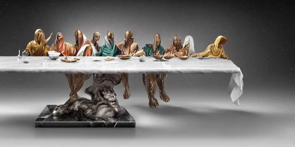 Image similar to !13 diverse aliens on !one_side of a !marble table, !positioned as !last_supper cinematic lighting, !satin, !crystal, liquid, surreal, floating, !!highly detalied, 4k, artstation, by Rolf Armstrong