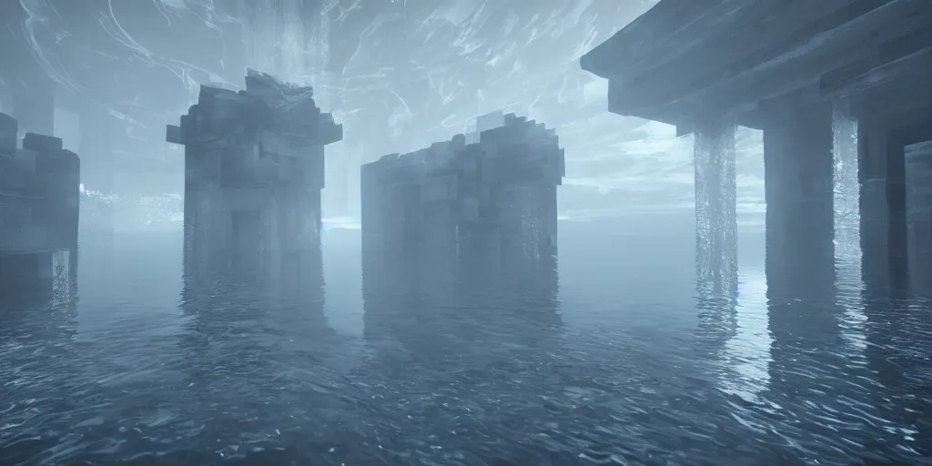 Image similar to floating water temple inside a void, unreal engine, high contrast, kelly freas