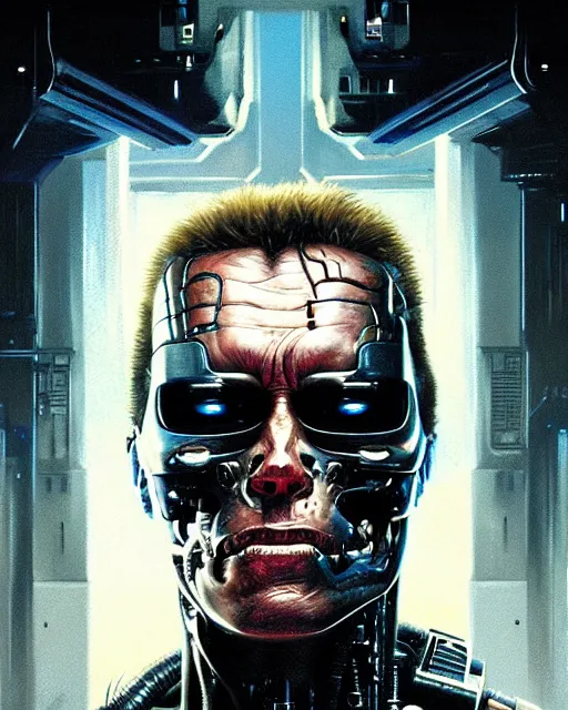 Prompt: a portrait of the terminator fantasy character portrait, ultra realistic, cinematic, concept art, wide angle, intricate details, hologram, highly detailed by greg rutkowski, aaron horkey, gaston bussiere, craig mullins, simon bisley, arthur rackham