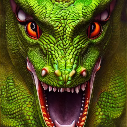 Image similar to realistic, portrait, painting, large green dragon, kodachrome, cgi, hd, detailed