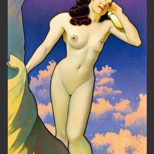 Prompt: a streamline moderne painting in the style of gerald brom, and in the style of maxfield parrish, and in the style of alphonse mucha. symmetry, smooth, sharp focus, semi - realism, intricate detail.