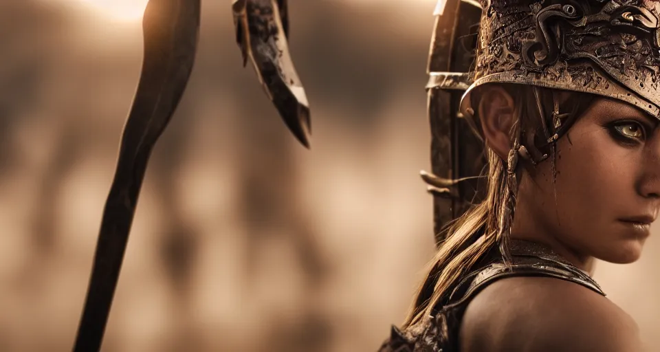 Image similar to close-up photo of a beautiful warrior princess in a battle scene, shallow depth of field, photorealistic, cinematic lighting, warm colours, dusk