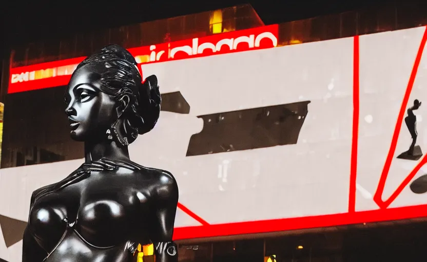 Image similar to night time photo of billboard advertisement of extremely beautiful female black marble statue in the style of virgil abloh, colorful motocross logos behind her, sharp focus, clear, detailed,, cinematic, detailed, off white, glamourous, symmetrical, vogue, editorial, fashion, magazine shoot, glossy