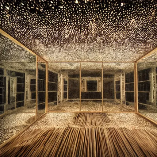 Prompt: infinity room with mirrors, sand, lightbulb, monster, scary, 4 k